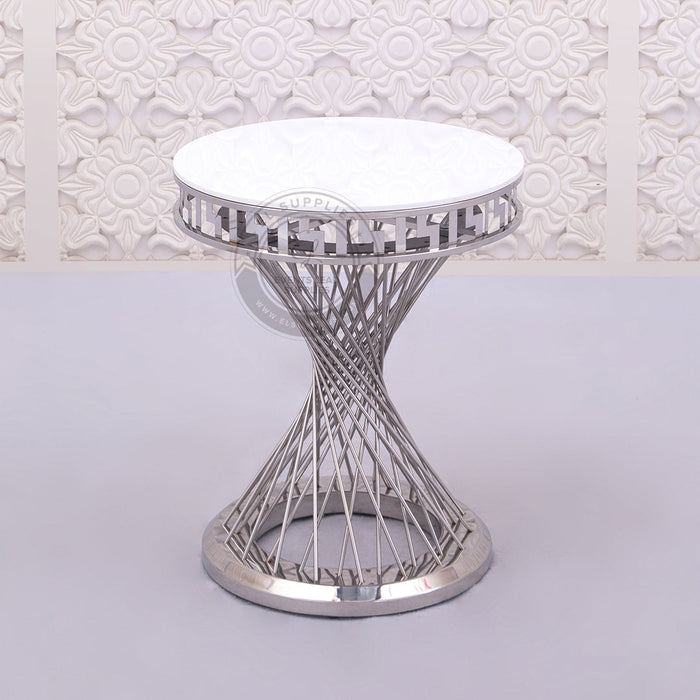VENA silver plinths with twisted base and white acrylic top