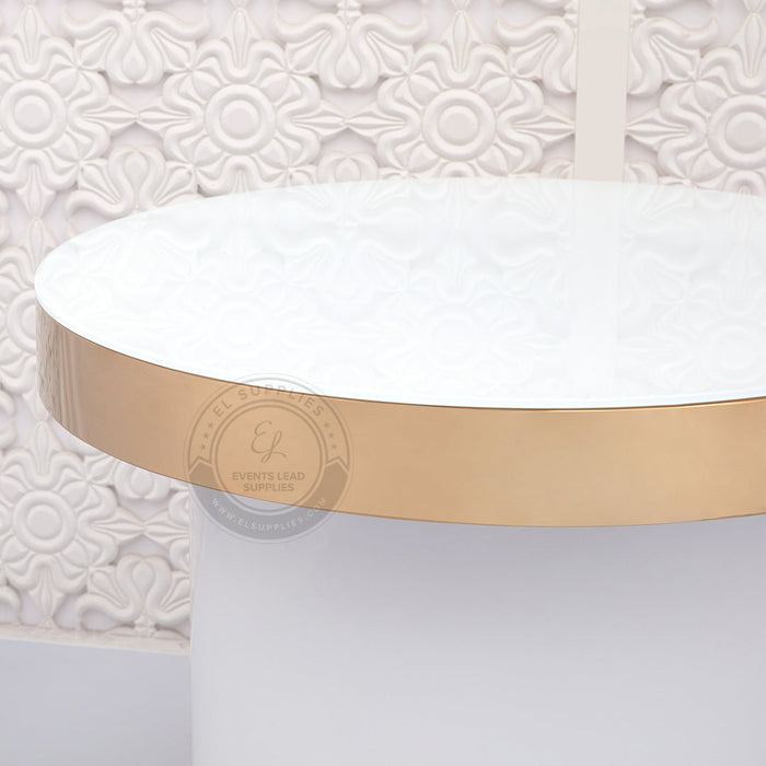 LUMENATION White Cake Table - Gold Trim & Glass Top