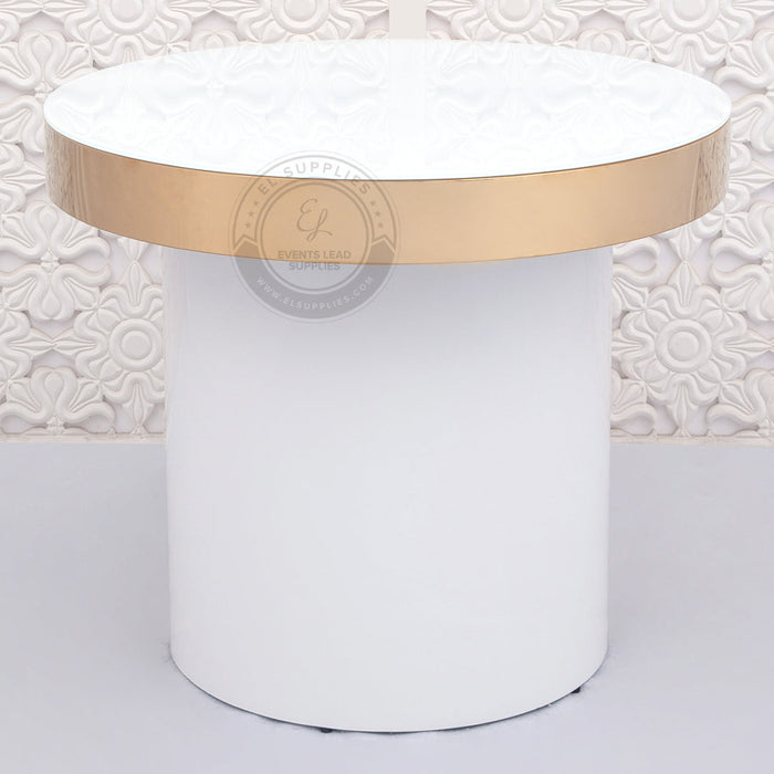 LUMENATION White Cake Table - Gold Trim & Glass Top